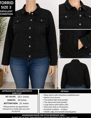 Torrid Size 3 Black Rhinestone Studded Denim Jean Jacket Plus Size. Deep Pockets